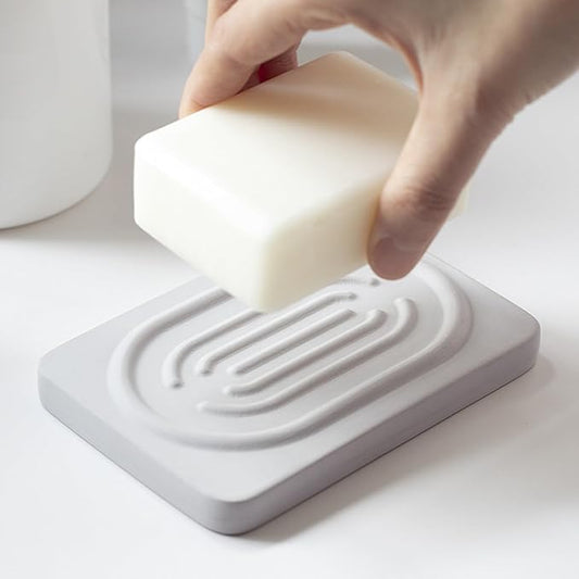Diatomite Soap Dish for Kitchen Organizer, Quick Dry Sink Caddy Holder for Sponge, Brush, Toothbrush - Fast Absorbing Stone Tray (Light Grey, 4.8" x 3.1")