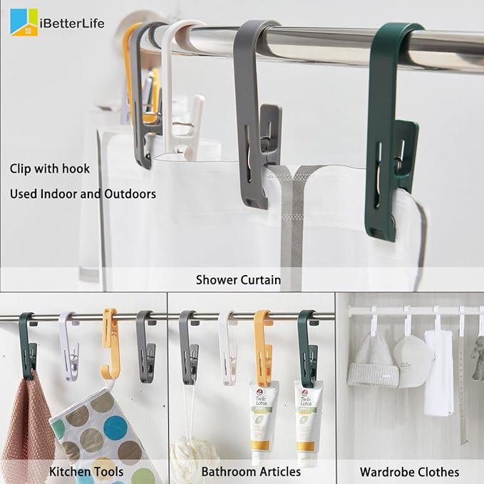 iBetterLife Clothes Pins Heavy Duty Outdoor - 4 Pcs Large Laundry Hook Hangers with Clips Closet Organizer Clamps Hanging Socks Boot Bras Towels Shower Pegs for Bathroom Wardrobe Kitchen Office, Black