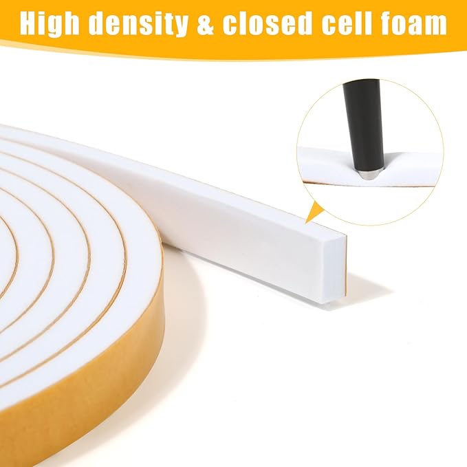 Weather Stripping Door Seal Strip (3/5 Inch X 1/4 Inch X 16Feet), Strong Adhesive, Lightproof, Soundproof, Weatherproof Foam Tape Insulation for Sliding Door, Front Door Frame, Windows- White