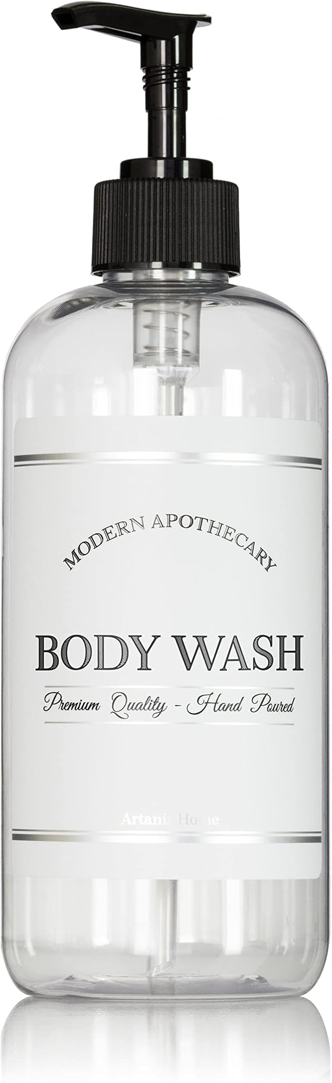 Refillable Clear PET Plastic 16 oz Body Wash Bottle with Black Plastic Pump Dispenser - Chrome Accent Waterproof Labeled Bottle
