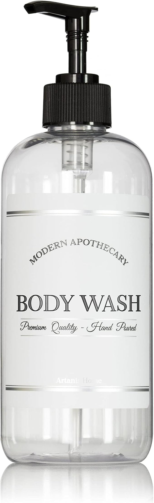 Refillable Clear PET Plastic 16 oz Body Wash Bottle with Black Plastic Pump Dispenser - Chrome Accent Waterproof Labeled Bottle