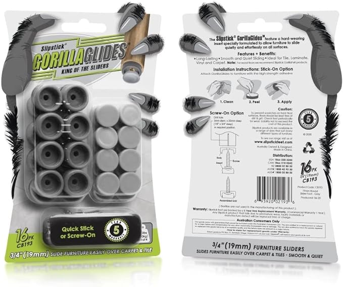 GorillaGlides CB193 3/4 Inch Chair Glides/Furniture Feet Floor Protectors (Set of 16 Sliders) Self-Adhesive Screw-On Glides for Sliding on Hard Surface Flooring and Low-Pile Carpet, Round