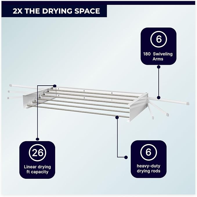 MODERN-X Wall Mounted Clothes Drying Rack with 6 Swivel arms, 35”Wide, 26 Linear ft of Laundry Drying Rack Space, 6 Collapsible Aluminum rods, 2X Drying Capacity, Space Organizer Holds up to 60lbs