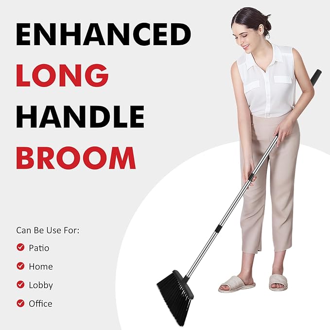Heavy Duty Broom, 55 Inch Long Handle Outdoor Large Angle Brooms, Commercial Broom for Sweeping Indoor, for Home Garage Kitchen Office Courtyard Lobby Patio Lawn Concrete，Black