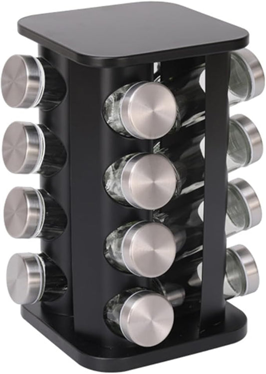Spice Rack, Rotating Countertop Spice Rack Organizer, 16 Jars, Black, Stainless Steel