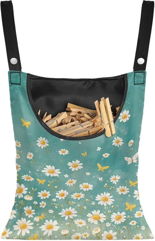 Clothespin Bag for Clothes Pin Holder for Outside and Clothes Line Pins, Clothes Pin Hanging Bag Fits Outdoor Laundry Clothesline - Daisy Pattern