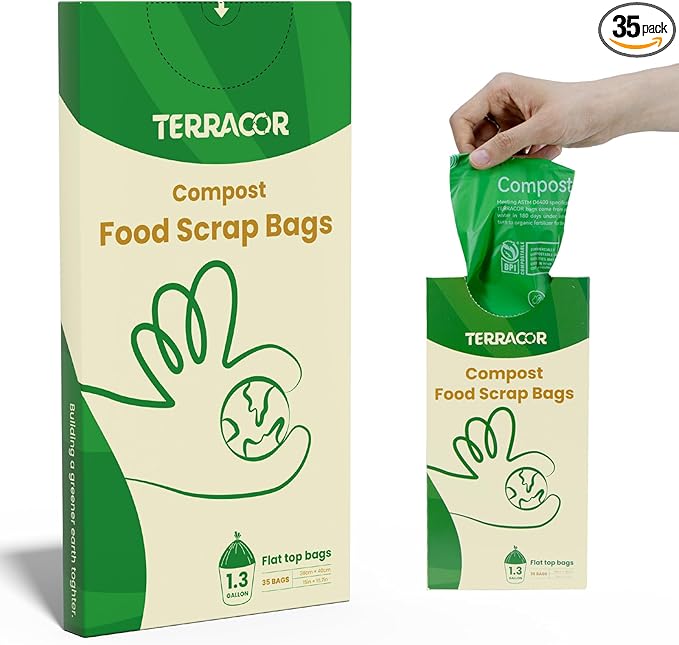 1.3 to 1.6 Gallon Compostable Trash Bags, 35 Count Green Compost Bags for Countertop Bin, Food Waste, Dispenser Packs Organic Biodegradable Bags BPI Certified Meet ASTM D6400 Standard