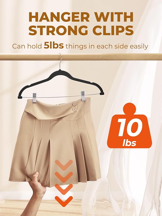 HOUSE DAY Velvet Skirt Hangers 72 Pack, Black Velvet Hanger with Adjustable Clips, Space Saving Slim Pant Hangers, Heavy Duty Non Slip Clip Hanger for Pants, Skirts, Shorts