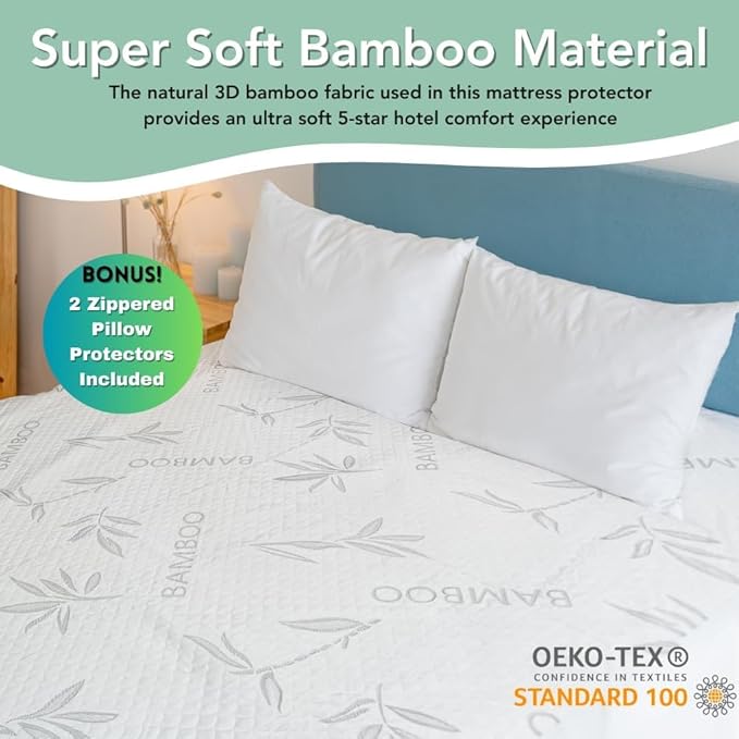 Bamboo Rayon Mattress Protector with Zipper + 2 Pillow Protectors - 100% Waterproof Cooling Full Size Cover - Ultra Soft Fabric Breathable Noiseless Mattress Pad Covers Zippered Encasement