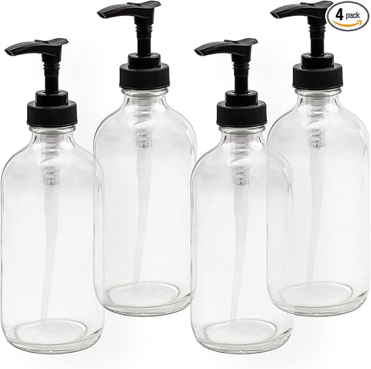 Cornucopia Brands 8oz Clear Glass Pump Bottles (4-Pack w/Black Plastic Pumps), Great as Essential Oil Bottles, Lotion Bottles, Soap Dispensers, and More