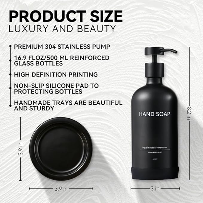 Glass Soap Dispenser Set by Janxin,Bathroom Soap Dispenser Set with Ceramic Tray,Luxury Bathroom Accessories,Modern Kitchen Decor (Black(Hand Soap))