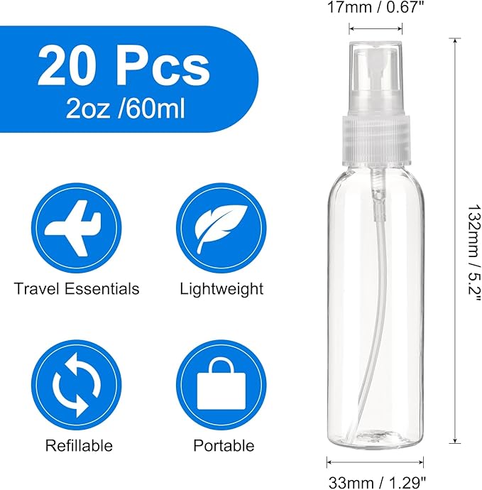 uxcell 20Pack Spray Bottles, 2Oz/60ML Reusable Clear Empty Mist Plastic Mini Travel Bottle Set,Small Refillable Liquid Containers for Household Use, Essential Oil, Cleaning (Transparent)
