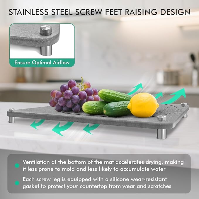 Stone Drying Mat For Kitchen Counter Superb Absorbent Diatomaceous Earth Mats with Non-Slip Feet Quick Dry Stone Dish Drying Pad Dish Pad Multi-Purpose(Floral-MediumGray, 15.7" x 11.8")