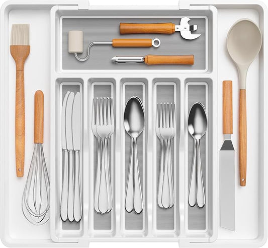 Lifewit Silverware Drawer Organizer, Expandable Utensil Tray with Non-Slip TPR, Deep Flatware Cutlery Holder, Adjustable Plastic Kitchen Storage for Spoons Forks Knives, Large, White and Gray