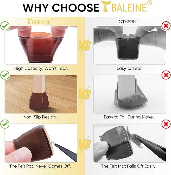 BALEINE 32 Pack Silicone Chair Leg Floor Protectors, Stool Leg Protectors Cap, Non-Slip Chair Leg Caps for Hardwood Floors (Brown & Small (Square), 32 Pack)