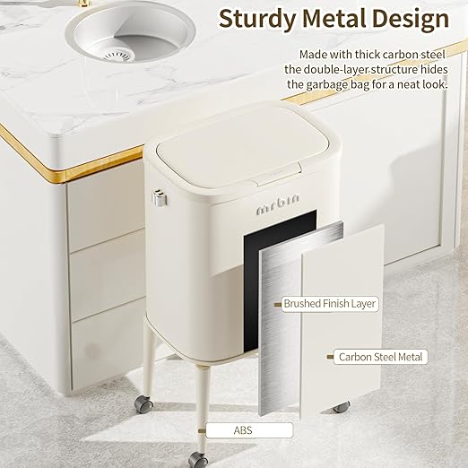 MRBIN Metal Kitchen Trash Can with Wheel Legs, 36L / 9.5gal Medium Press Lid Slim Removable Waste Basket, Pet Proof Tall Narrow Garbage Pail for Vanity, Bedroom, Bathroom, Living Room, Water Lily