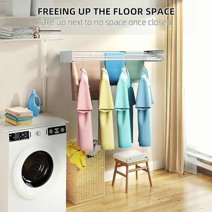 Laundry Drying Rack, Collapsible Wall Mounted Clothes Drying Rack - Foldable,Space Saving, 13.2 Linear Ft, 5 Aluminum Rods, 60 lb Capacity (White, 23.6")