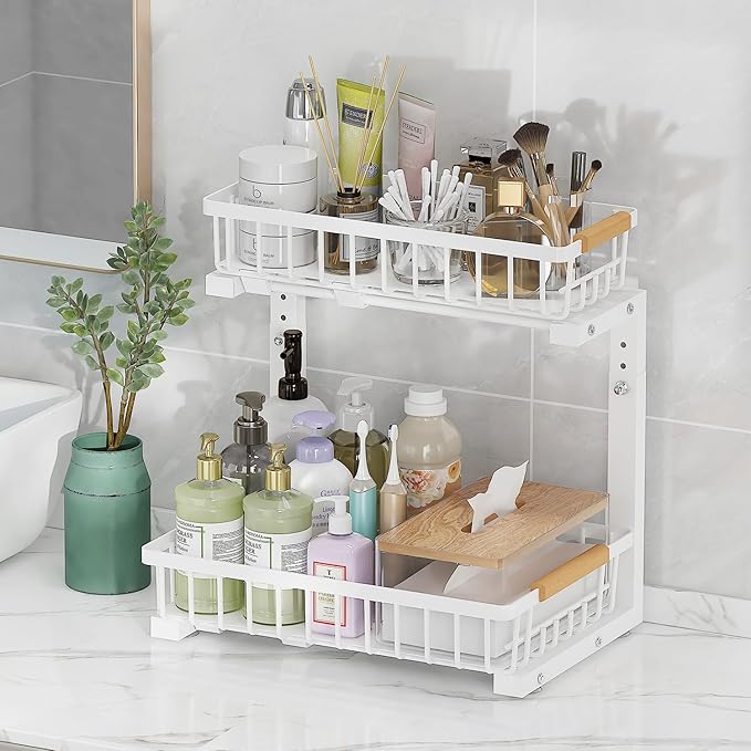 2-Tier Slide Out Under Sink Organizer – 2-Tier Pull-Out Storage Rack, Bathroom organizers and storage for Kitchen and Bathroom, Space-Saving Cabinet Organizer, Rustproof,（White)(2 Pack)