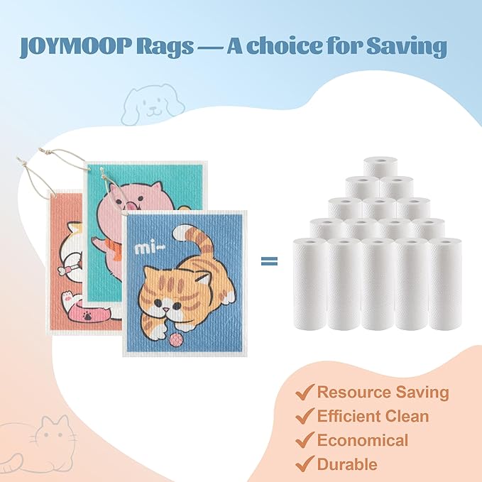 JOYMOOP Cartoon Cellulose Cleaning Cloth, Reusable Absorbent Dish Towels, Non-Scratch Washable Rags for Cookware, Kitchen and Household Cleaning - 12pcs, 6.7×7.9inch