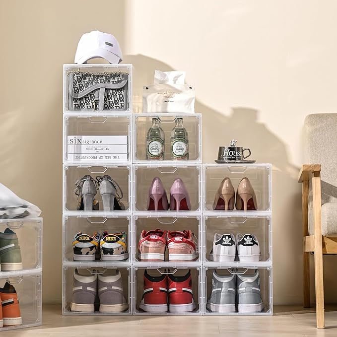 9 Pack Thicken Shoe Organizer Stackable,Upgraded Sturdy Shoe Storage Box with Magnetic Door,Shoe Containers For Sneaker Display,Hat Organizer,White