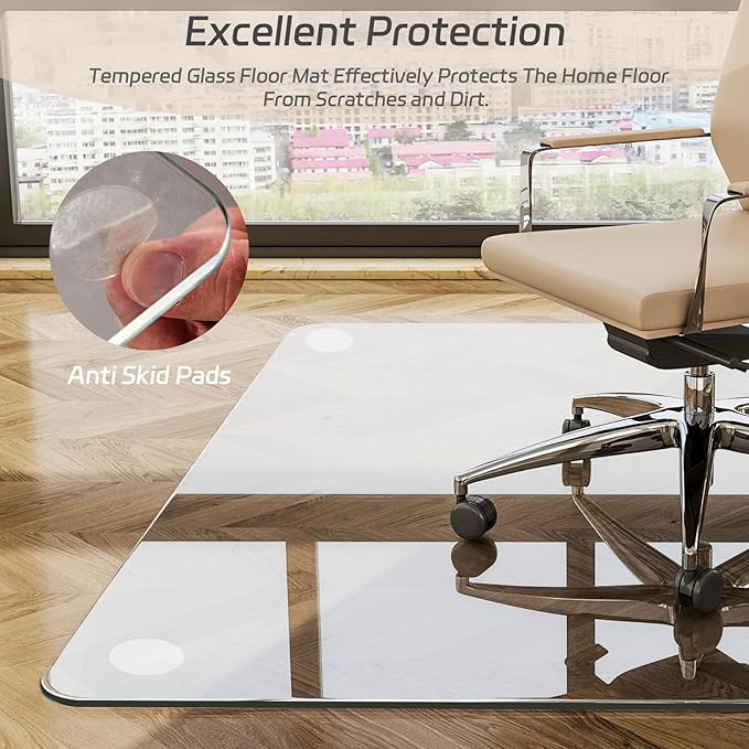 GLSLAND 46"x46" Tempered Glass Chair Mat Square Heavy-Duty Floor Protector for Carpet & Hard Floors Scratch-Resistant Office Computer Desk Mat 1/5" Clear