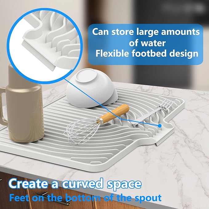 Dish Drying Matt for Kitchen Counter,18"×12"Silicone Dry Rack Mat with Built in Drain, Kitchen Dry Mats for Dishes Drying Pad for Counter(White)