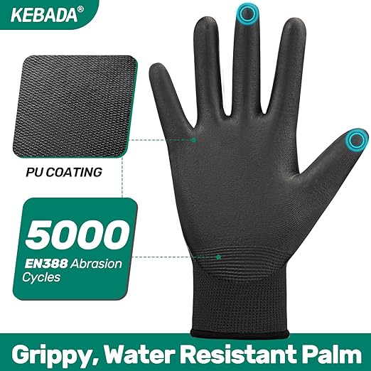 Kebada Safety Work Gloves,120 Pairs Bulk Pack, Touchscreen, PU Coated, Ideal for Warehouse, Construction, Gardening and Mechanics, Black, XX-Large