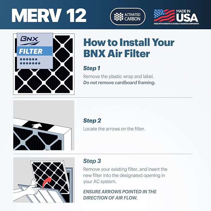 BNX TruFilter 16x25x1 MERV 12 Odor Defense (2-Pack) AC Furnace Air Filter with Activated Carbon - MADE IN USA - Pleated Air Conditioner HVAC AC Furnace Filters - Removes Odor, Mold, Bacteria, Smoke