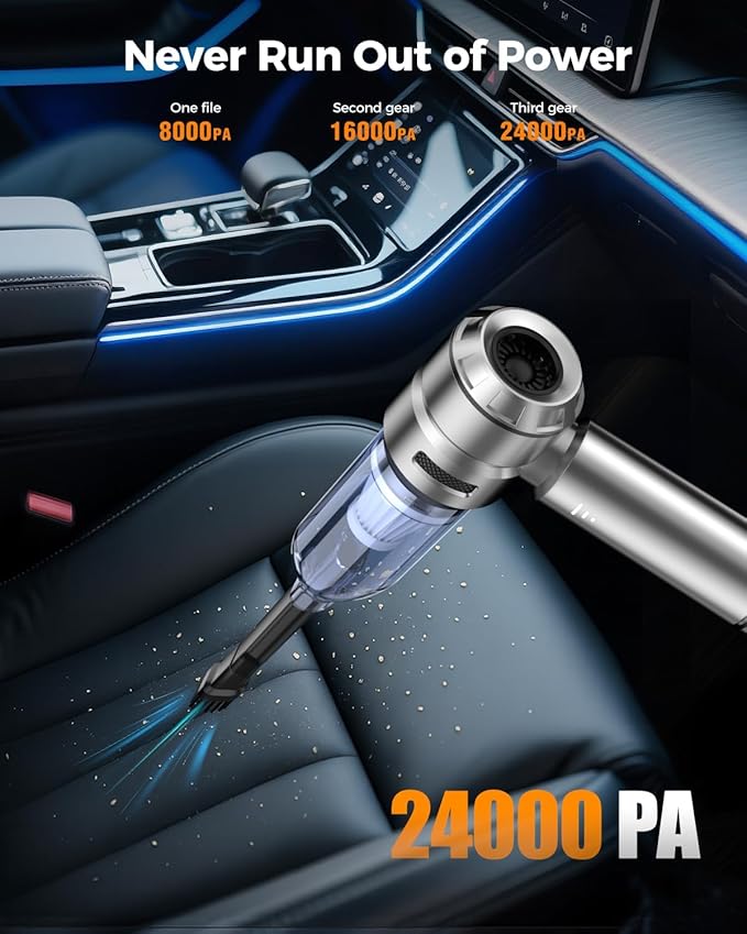 Car Vacuum,3 Suction Modes,Portable Mini Cordless Cleaner with 24000pa Suction Power,Type-C Charge,Handheld Vacuum for Home,Car, Office Desk, Keyboards(Dark Silver)