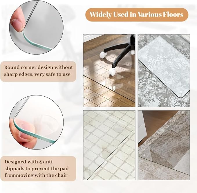 Tempered Glass Floor Mat for Office Chair, 36" x 46" Heavy Duty Hard Office Chair Mat, for Carpeted or Hard Floor, with 4 Anti-Slip Pads, Transparent