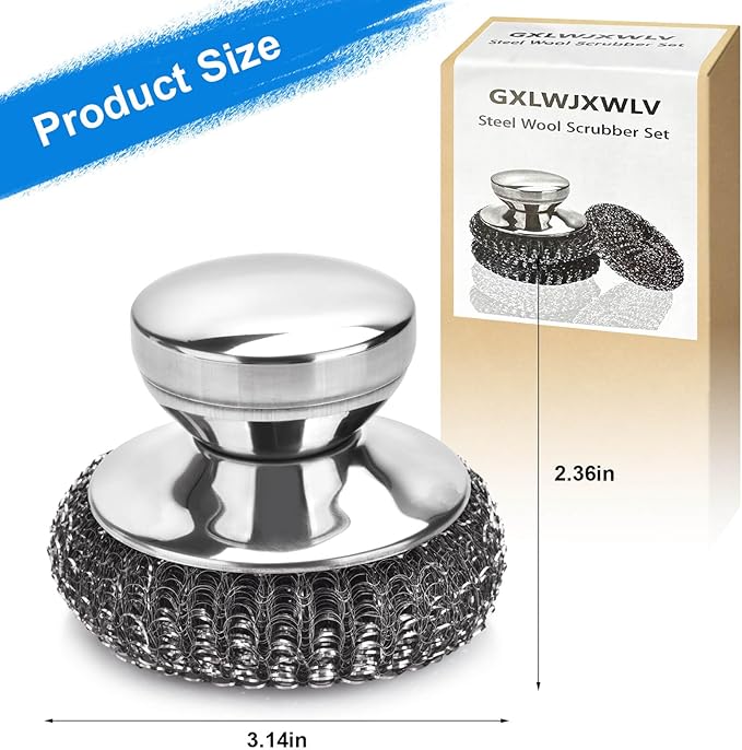 7PCS Steel Wool Scrubber Pads, Stainless Steel Scrubber Set with 1PCS Handle, Metal Scrubbers for Cleaning Kitchen and Household, Dishes, Stoves, Grill, Wash Sink, Pots