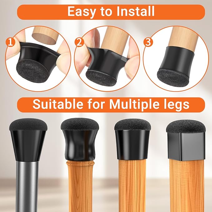 Chair Leg Floor Protectors Medium 24Pcs,Silicone Chair Leg Protectors for Hardwood Floors/Tiles,360°Wrapped Felt Bottom to Prevent Scratch and Reduce Noise, Round Black