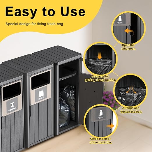 ROJIK 35" Tall Outdoor Trash Can,Weatherproof Resin Garbage Indoor Durable Lightweight,Suitable for Patio Office Kitchen,Easy to Clean,Assemble(Waste&Recycle&Composter, Black)