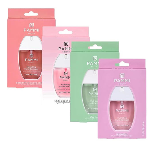 PAMMI Power Mist Hydrating Hand Sanitizer Spray, Portable Travel Size Pocket Hand Sanitizer, Scented Handsanitizer Mini Spray For Car - 600 Sprays (4 Pack (Aloevera, Peach, Guava, Rose))