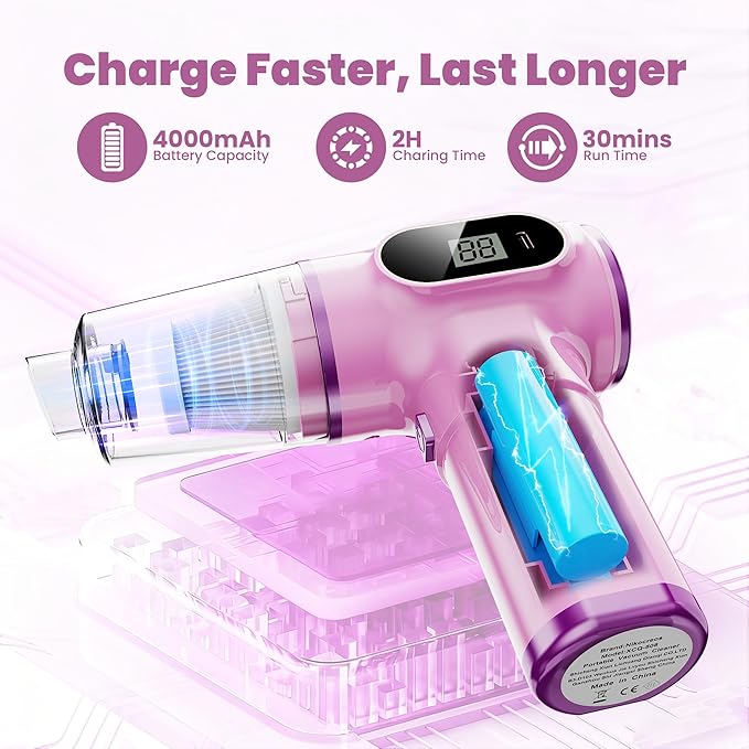 Women-Friendly Cordless Pink Car Vacuum Cleaner – 15000Pa Portable Mini Handheld Vacuum Cleaner, Effortlessly Handles Car,Office,Home & Pet Cleaning