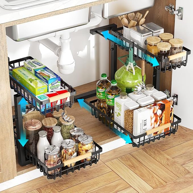 Under Sink Organizer, 2 Tier Under Sink Organizers and Storage, Metal Slide out Pull out Cabinet Organizer ，2 Pack Sliding Drawer Organizer for Kitchen Bathroom Pantry
