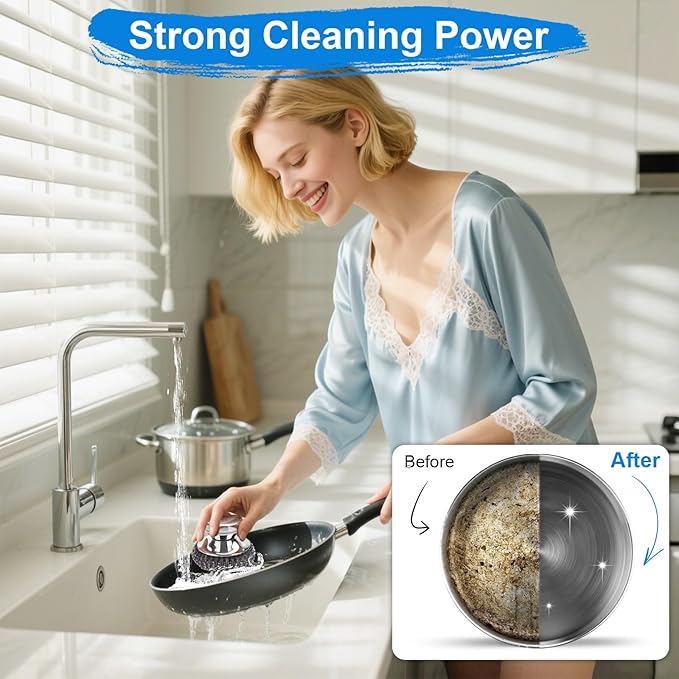7PCS Steel Wool Scrubber Pads, Stainless Steel Scrubber Set with 1PCS Handle, Metal Scrubbers for Cleaning Kitchen and Household, Dishes, Stoves, Grill, Wash Sink, Pots