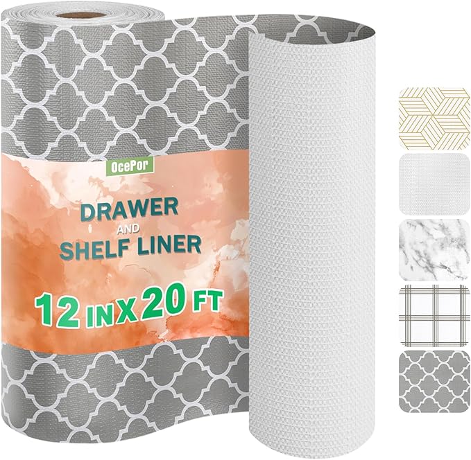 OcePor Non-Adhesive Drawer and Shelf Liner 12IN x 20FT，Non Slip Cabinet and Cupboard Liner, Kitchen Cabinet Liners for Shelves, Waterproof Drawer Shelf Liners for Cabinets/Bathroom Cupboard
