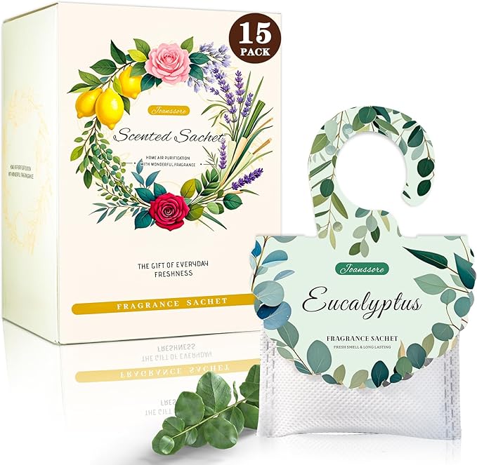 15 Packs Eucalyptus Scented Sachets Bag for Drawers and Closets, Air Freshener for Home Fragrance Sachet, Long-Lasting Hanging Closet Deodorizer Smell Goods for House