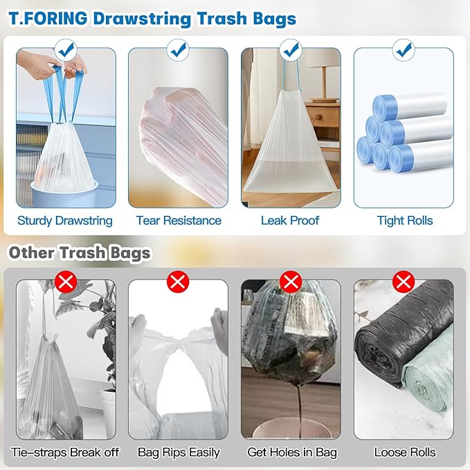 2 Gallon Trash Bags Drawstring 0.96 Mil - 120 Count Small Garbage Bags Unscented,White Mini Trash Can Liners Strong Little Waste Basket Bags 7.5 Liter for Home Bathroom Office Car
