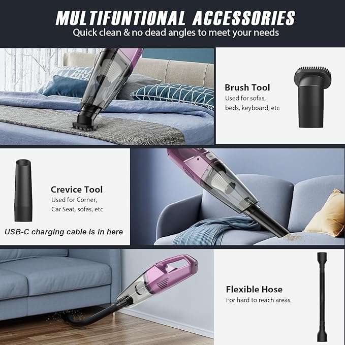 Handheld Vacuum Cordless – Car Vac Portable with 8KPA & Multi Accessories & Low Noise, Lightweight Hand Held Vacuum Cordless Rechargeable for Car/Home/Dust/Pet Hair, Mine Portable Vacuum