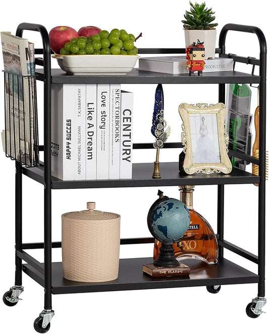 HDANI 3 Tier Metal Rolling Utility Cart,High Capacity Multi Purpose Heavy Duty Cart,for Office,Kitchen,Living Room,Bedroom,Etc.(Black)…