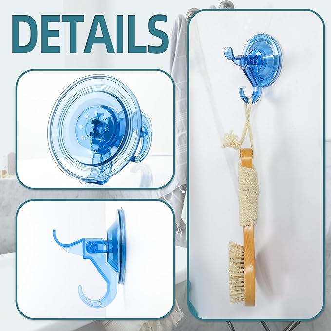 Antimbee Suction Hooks, 10 Pack Reusable Hangers, Removable Small Suction Cups for Shower, Bathroom, Glass, Door, Windows, Kitchen - Up to 11 lbs on Smooth Surface (Transparent Blue)