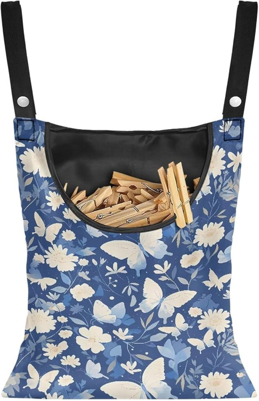 3 Pcs Butterfly and Floral Clothespin Bag with Large Opening Clothes Pins Holder Outdoor and Laundry Bag Hanging Fits for Clothesline Outdoor