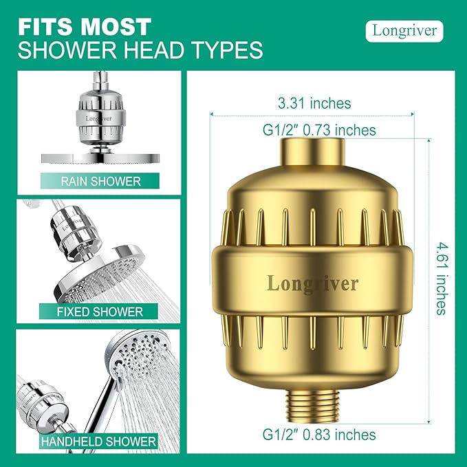 R7 Shower Filter High Put Shower Water Filter for Hard Water 99.99% Remove Chlorine, Heavy Metals, Shower Water Softener, Improve your skin and hair, Bathroom Fixture Hardware Parts, Brushed Gold
