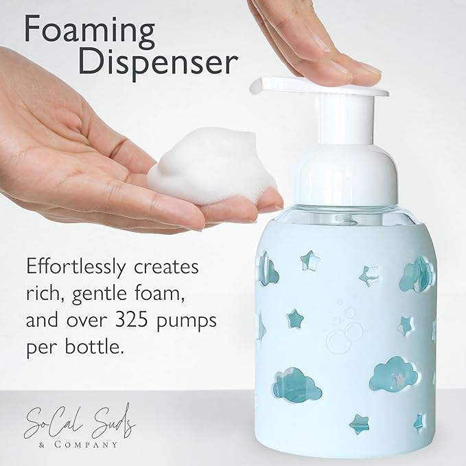 SoCal Suds & Company Glass Foaming Hand Soap Dispenser, Soft Grip Silicone Sleeve, Refillable Pump Bottle for Kids, Baby Wash & Shampoo, Ideal for Home Use, Light Blue 8oz