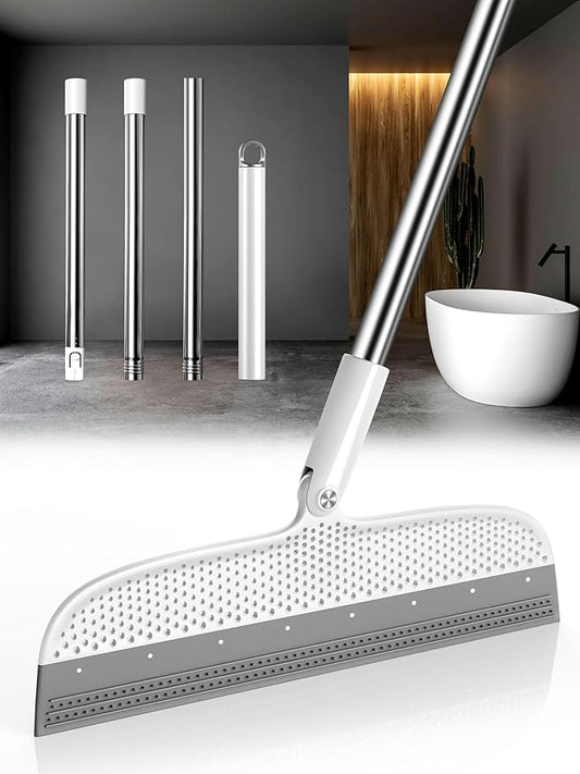 Floor Squeegee & Broom with Long Handle, 180° Rotating Head Silicone Blade Removes Water & Pet Hair | Squeegee for Tile, Shower Glass, Windows, Garage, Deck & Patio