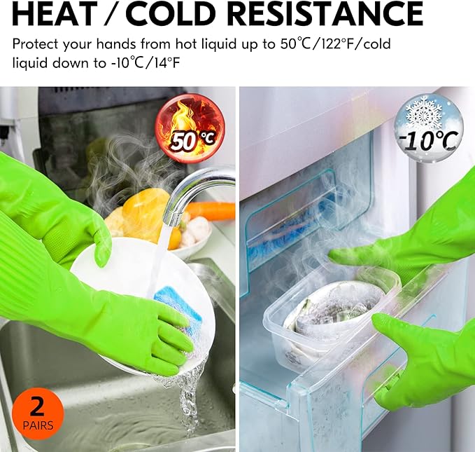 Vgo 2-Pairs Dishwashing Gloves, Reusable Household Gloves, Long Sleeve, Thick Latex, Cleaning, Washing, Working, Painting, Gardening, Pet Care (Size M, Green, RB2143)