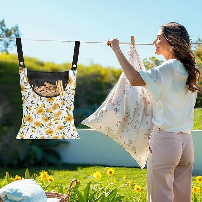 Yellow Floral Clothespin Bag Space-Saving Laundry Hanging Storage Organizer Clothes Pin Hanging Bag with Rope Holds 100 Clothes Pins for Clothesline Outdoor Clothespin Accessory Bag