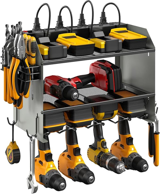CCCEI Set Power Tool Organizer Wall Mount with Charging Station. Garage 4 Drill Storage Shelf with Hooks, Heavy Duty Metal Tool Battery Charger Organizer. Shop Utility Rack with Power Strip Grey.